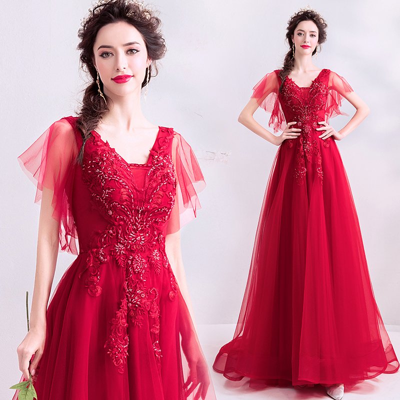 ロングドレス ワンピース 無地 演奏会用 パーティードレス 赤 披露宴 着痩せ 合唱衣装 オシャレ