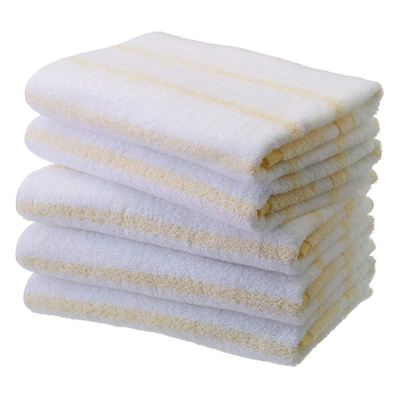 即納：透かしボーダー バス 5枚セット バスタオル 日本製 泉州タオル（約60×120cm） イエロー