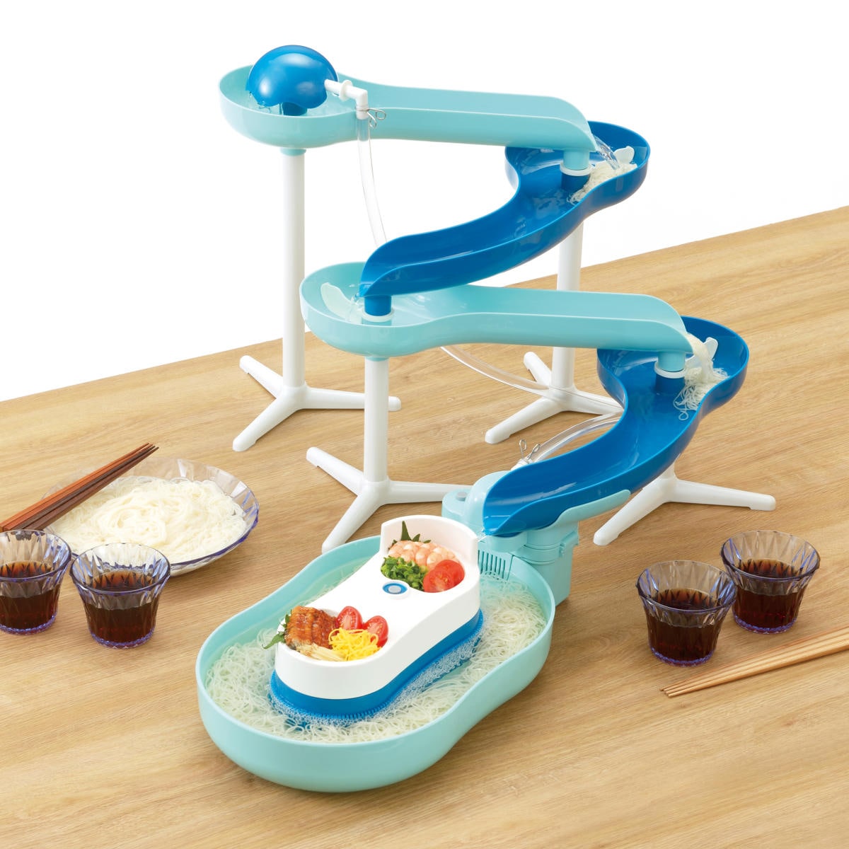 流しそうめん器 流麺 スライダーそうめん流し器 ミントブルー 電動 流しそうめん機 そうめん 流しそうめん 電池式 素麺 ソーメン 薬味置き パーティー 卓上 コードレス ホームパーティー