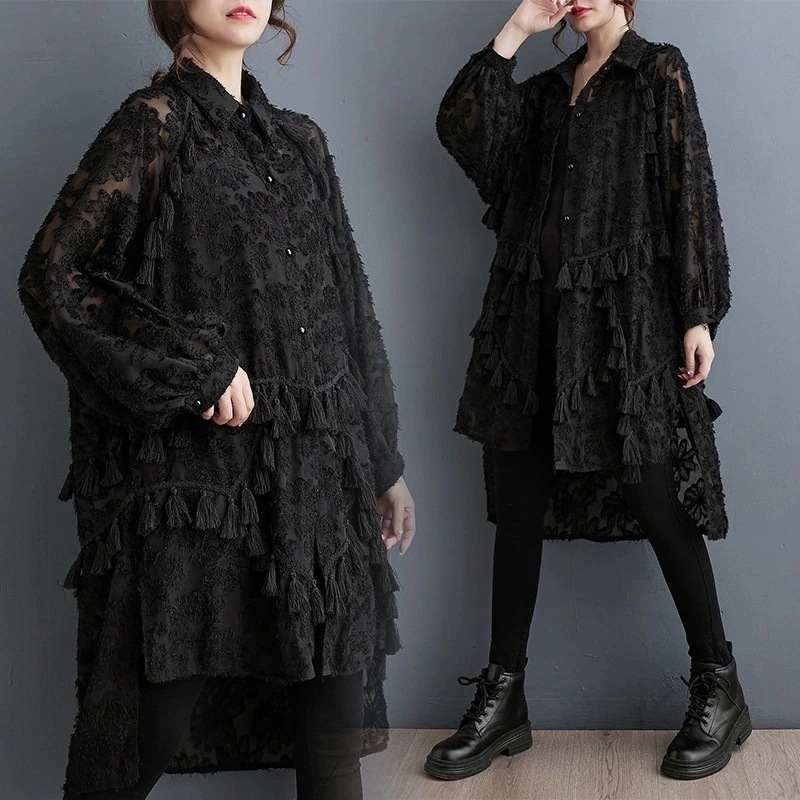 「ファットガール」 2024春新品 フリンジ ワンピース 大きいサイズ レトロ ドッキング レディース シャツワンピース30%までに制限