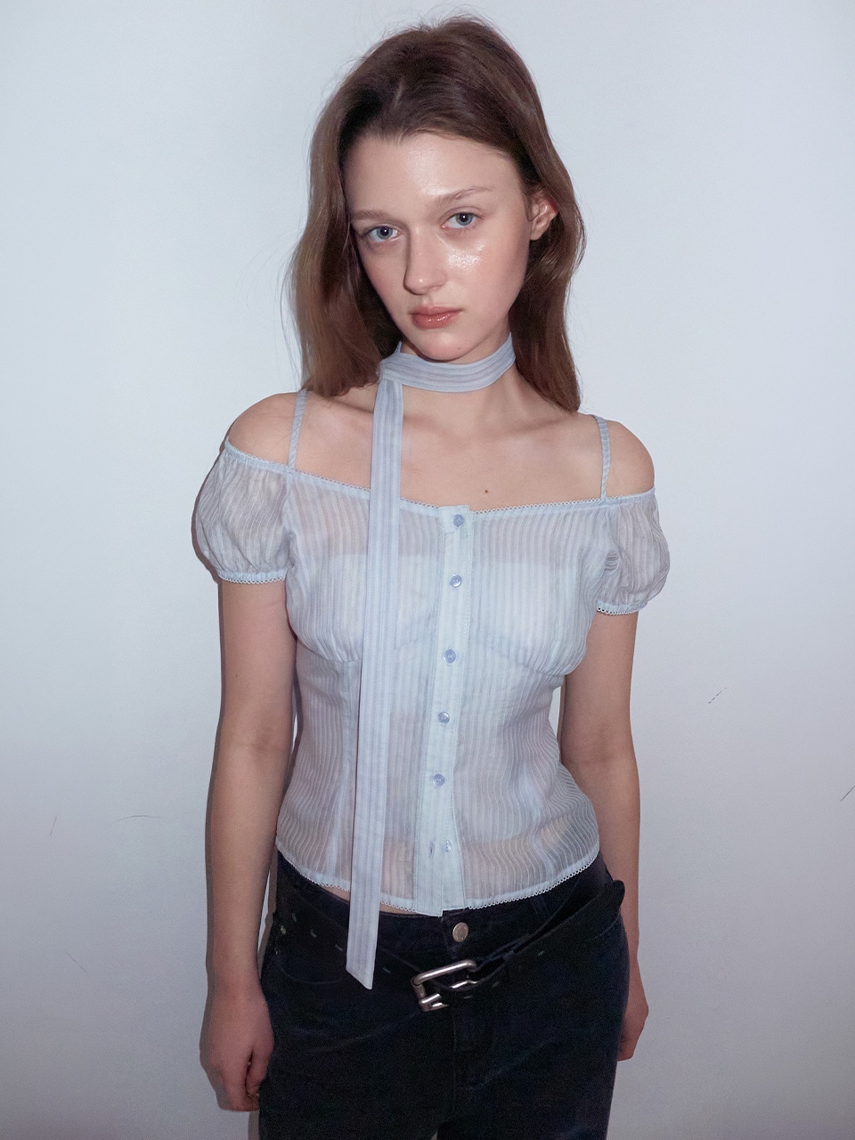 OFF SHOULDER TIE BLOUSE SKY