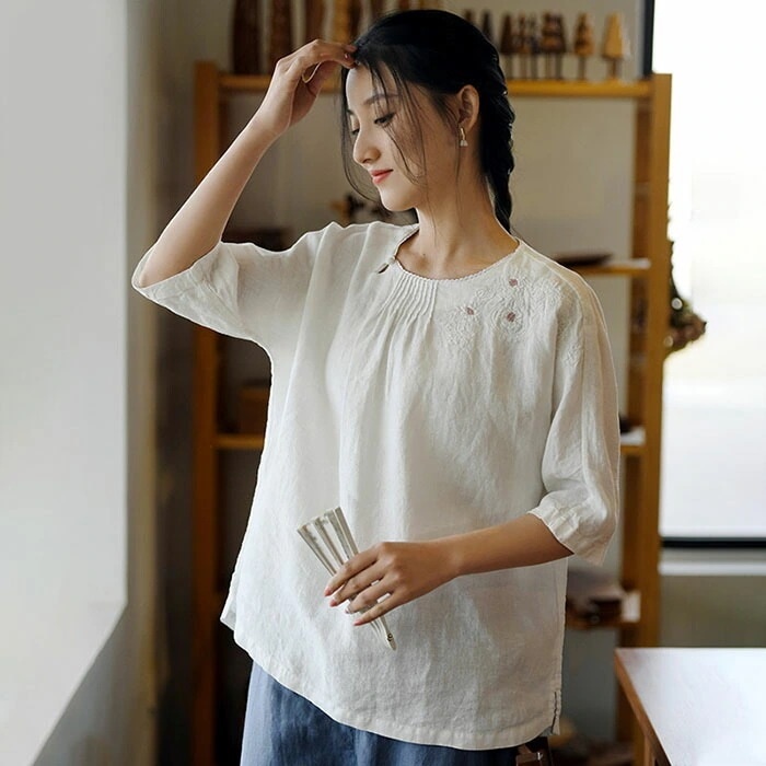 tシャツ レディース 半袖 春 夏 綿麻 大きいサイズ 体型カバー 無地 カットソー トップス ｖネック 着痩せ 吸汗 通気 おしゃれ ゆったり シンプル カジュアル エレガント レトロ きれいめ 薄