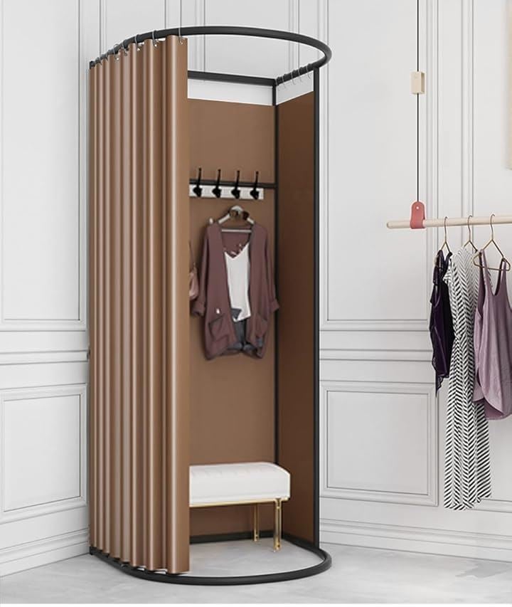 フィッティングルーム 試着室 更衣室 着替え 遮光カーテン シェーディングカーテン付き 衣料品店 洋服店 催事場 安定感 広いスペース 組立簡単 フック付き 仮設 取外し(ブラウン)