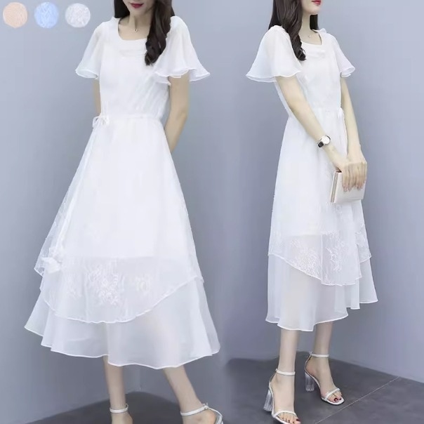 ワンピース ドレスワンピース ロング丈 半袖 襟付き フレア デザイン ウエストゴム 美ライン ニュアンス チュール シフォン フリル 刺繍 カラバリ ドラマチック ロマンチック かわいい 大人可愛い 5,365円