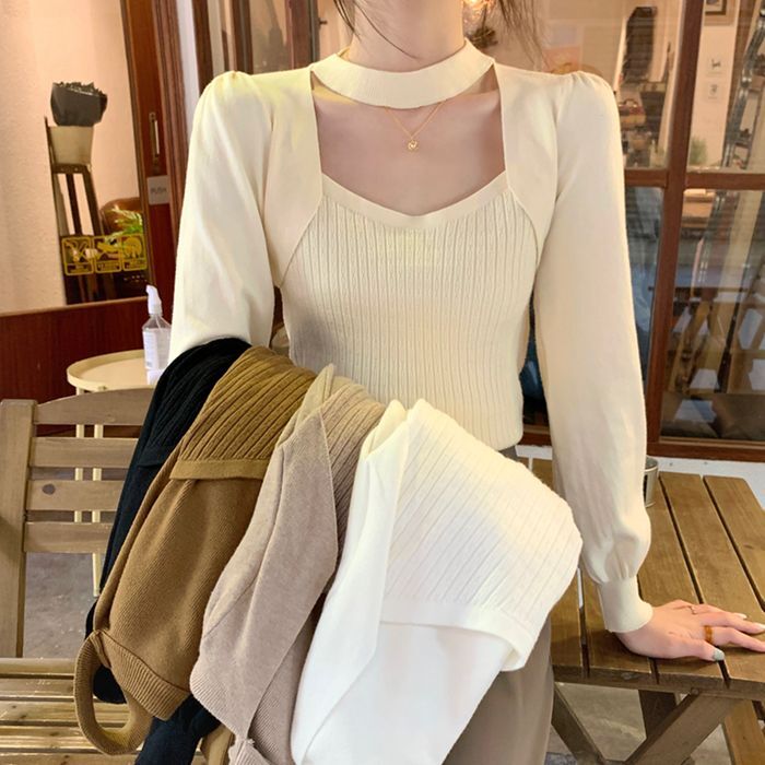 トップス ニットソー 袖あり 長袖 Uネック チョーカー リブ ニット かわいい 大人可愛い きれいめ シンプル カジュアル 大人 上品 おしゃれ かっこいい 大人女子 こなれ感 セクシー エレガント