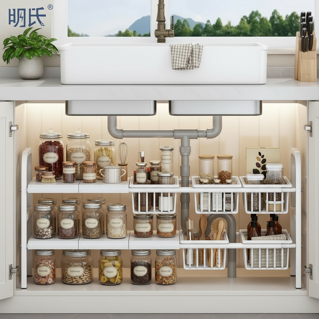 シンク下収納ラック 伸縮式 棚板 5 枚 + バスケット 5 個 53-88×25.5×49cm ホワイト