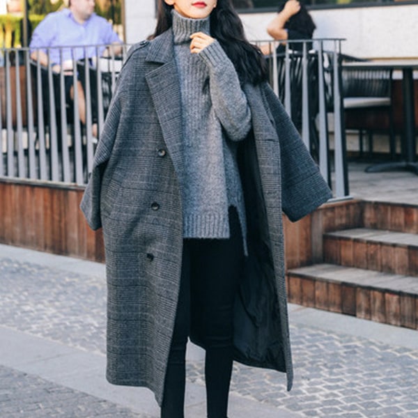 送料0円! 韓ファッションゆったりとした冬の日のチェックウールロングコート（mouter1365）