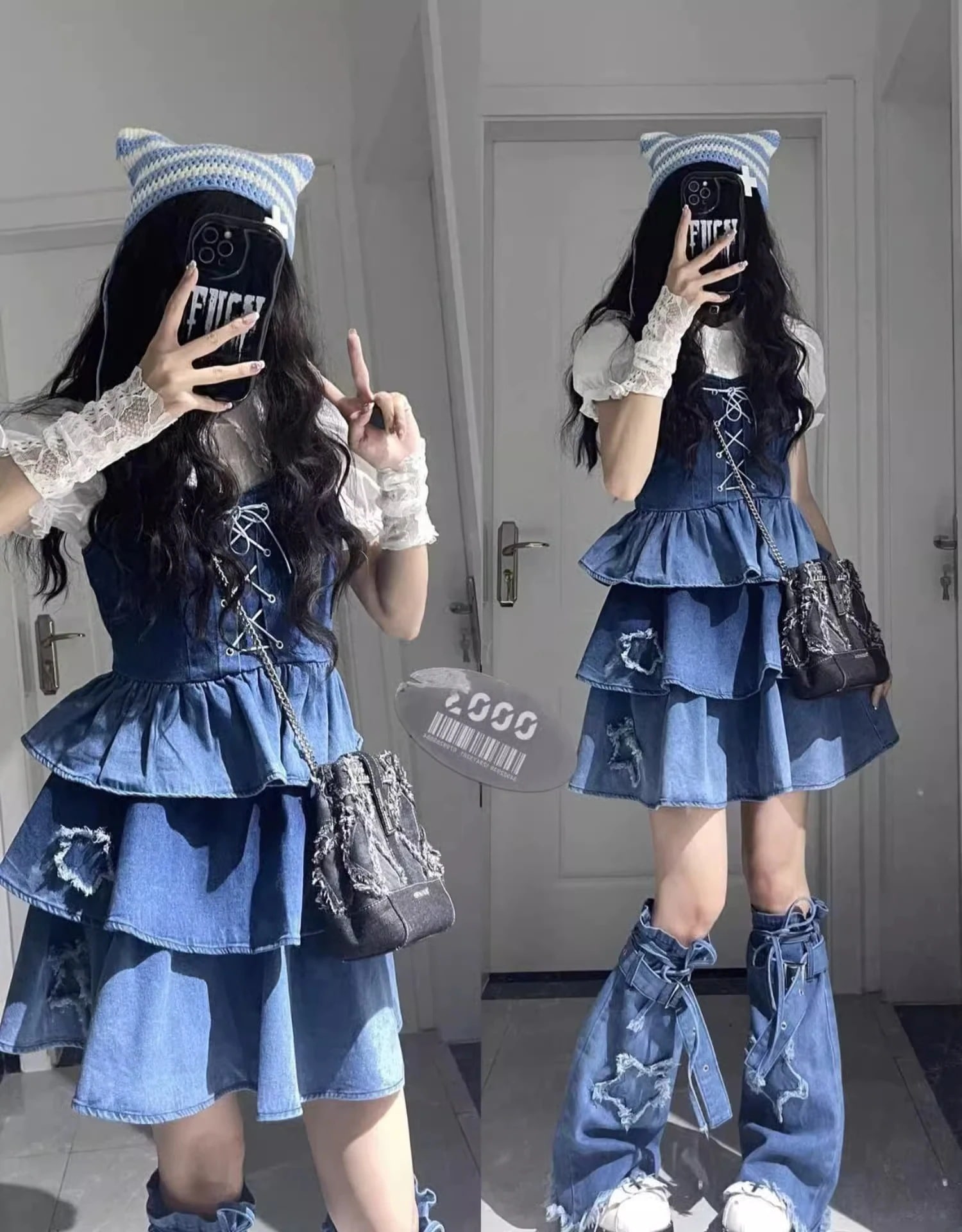 今っぽ 2025春夏 スカート 3点セットキャミソール スカート ショート丈トップスハイウエストレースアップコーデ ストリート系ブルーカジュアルレッグ美脚 脚長丈加工 コーデレディース