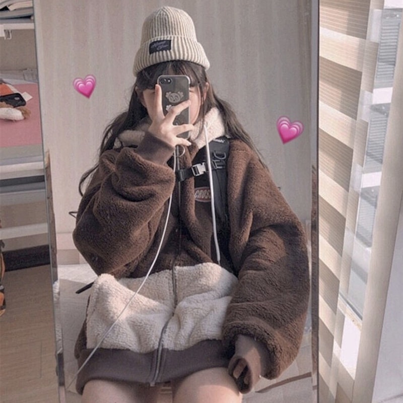 フリースコート アウター フーディー カジュアル ブラウン 茶色 ミディアム丈 袖あり 長袖