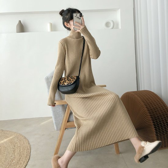 【取寄：納期2週間】ニットワンピース ハイネック ロングワンピース タートルネック Aライン リブニット ロング丈 マキシ丈 レディース シンプル ベーシック きれいめ カジュアル おしゃれ