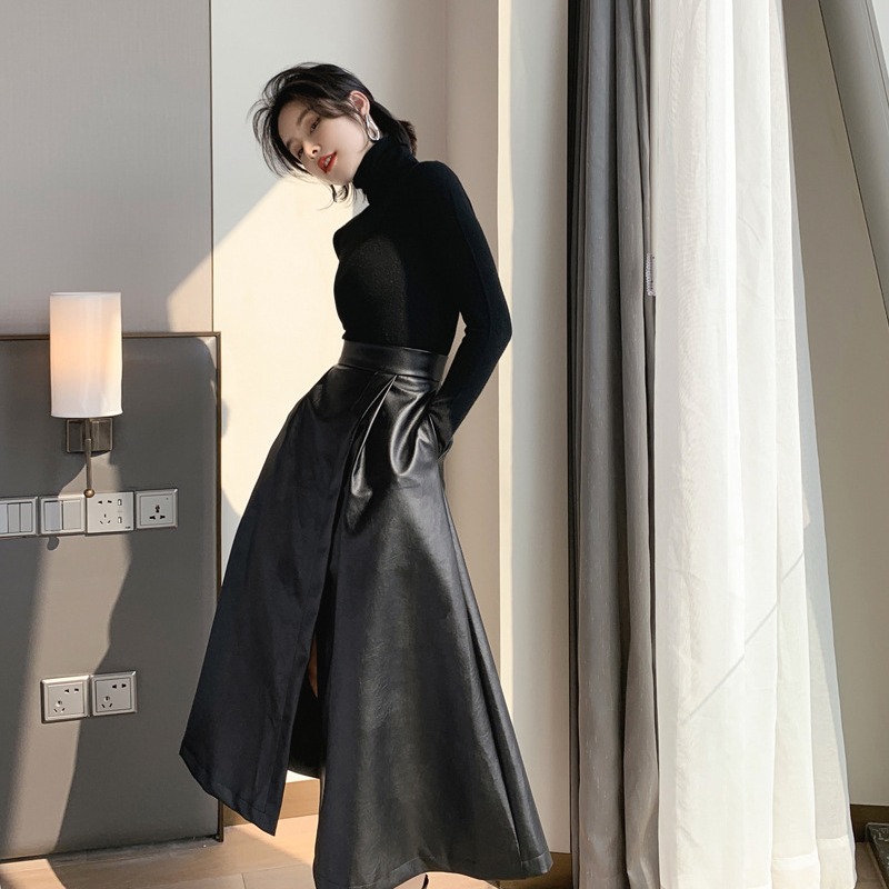 黒のハーフレングススカートミドル丈の秋冬スリットハイウエスト薄いレザースカート大きな裾Aラ 母の日-0010110