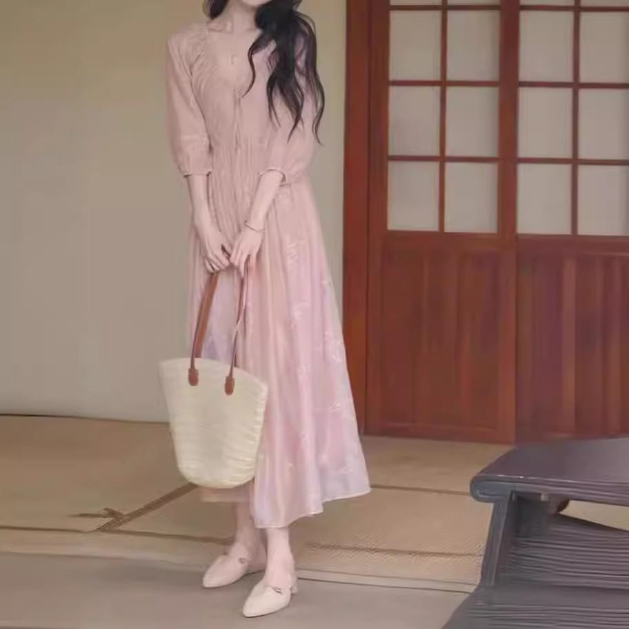 2024 バブルデザイン竹中国風新中国風ウエストピンク V ネック刺繍ドレス女性夏