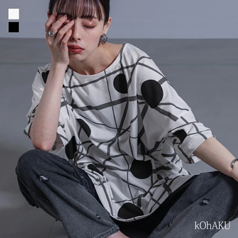 Tシャツ トップス カットソー レディース 半袖 ライン柄 ドット柄 オリジナルプリント ゆったり 総柄 無彩色 スリット 濃淡 クルーネック Uネック ビッグシルエット 水玉柄 モード 体型カバー
