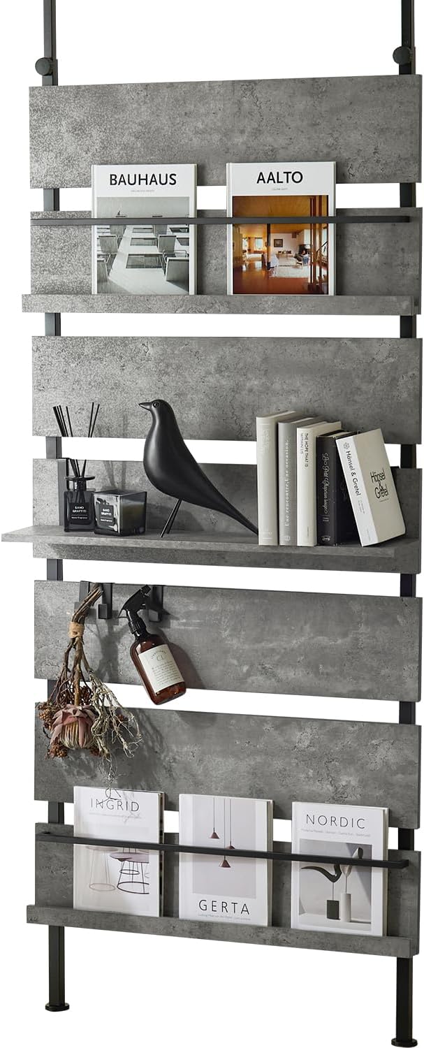 萩原(Hagihara) 突っ張り マガジン ラック つっぱり 棚 壁面収納 ウォールラック 【DIY・穴あけ・工事が不要】簡単取付 段差対応 木目調 幅80 スリム グレー KTR-3178MGY