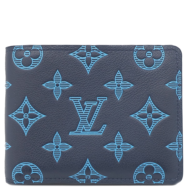 ルイヴィトン LOUIS VUITTON 二つ折り財布 ポルトフォイユ ミュルティプル モノグラムシャドウレザー ネイビーリバーブルー 紺 青 M82323 【箱】【中古】
