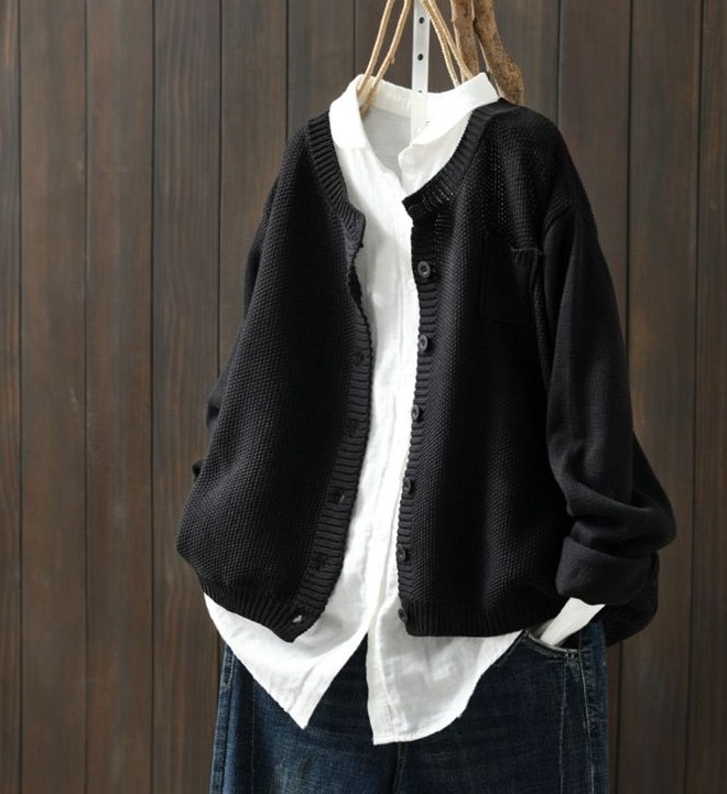 【早い者勝ち】 長袖 無地 ラウンドネック ニット シングルブレスト カーディガン