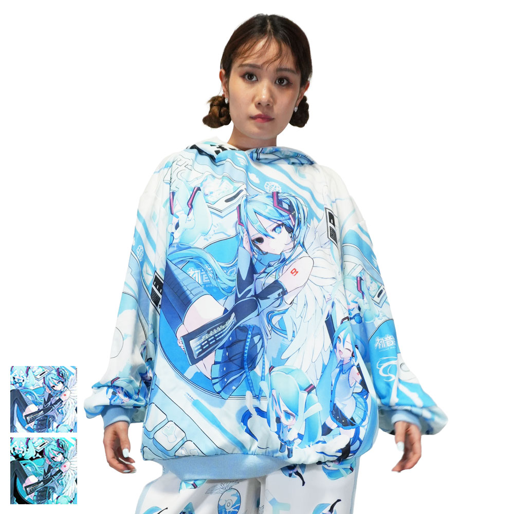 初音ミク パーカー 長袖 ファッション 原宿 原宿系 ミク パステル 水色 かわいい サイバー プリント 個性的 jct-hm-pa-01