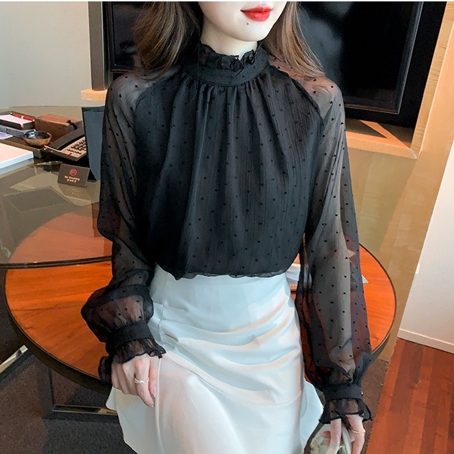 トップス ブラウス 長袖 ハイネック ボリューム袖 シースルー ミディアム丈 プルオーバー かわいい 大人可愛い きれいめ シンプル 上品 おしゃれ かっこいい カジュアル こなれ感 個性的 主役級 5,042円