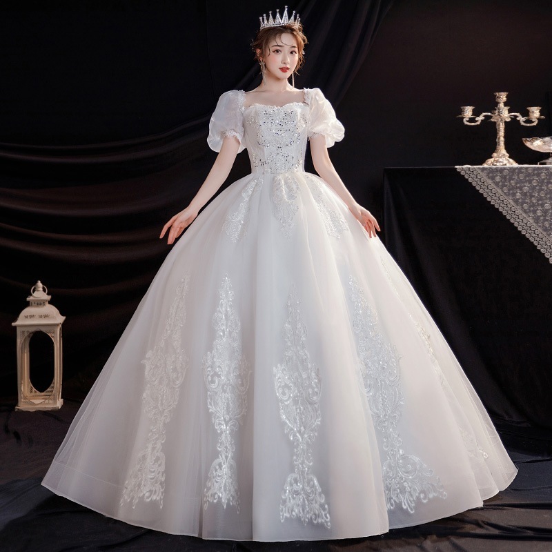 ウェディングドレスフロアレングス花嫁テール付きシンプルエレガントプリンセス風軽やか妊婦小柄2024ウェディングドレス