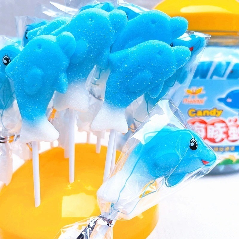 ドルフィングミ ブルーベリー味 イルカ型ロリポップ 12g×100個入り バケット入り 子供用キャンディ 漫画型 お菓子 大人 子供 誕生日プレゼント