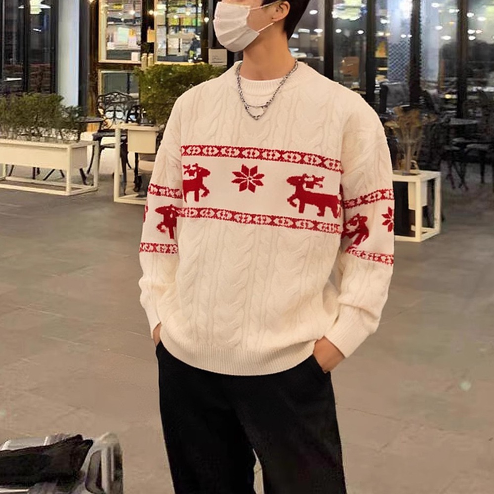 韓国スタイルホワイトクリスマスラウンドネックセーター 2024 秋冬メンズプルオーバーセーターファッショナブルなカジュアル暖かいトップ