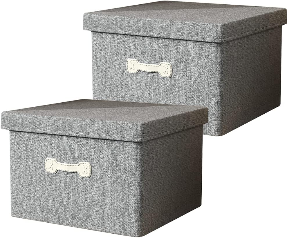 衣類収納ボックス 2個セット 45L 46x36x28cm グレー ファブリック レザーハンドル 折りたたみ フタ付き 防塵 家庭用