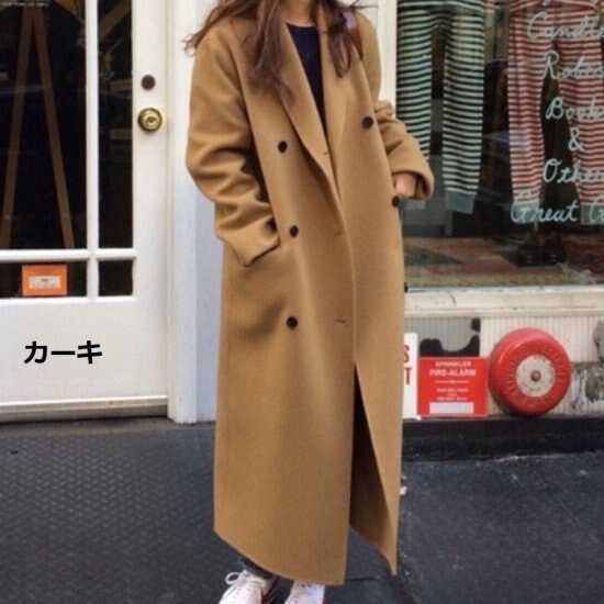 【取寄：納期2週間】ロングコート レディース コート アウター 羽織 秋冬 防寒 シンプル 無地 カーキ ブラック ダブルブレスト ロング丈 長袖 きれいめ カジュアル お出掛け シック レトロ