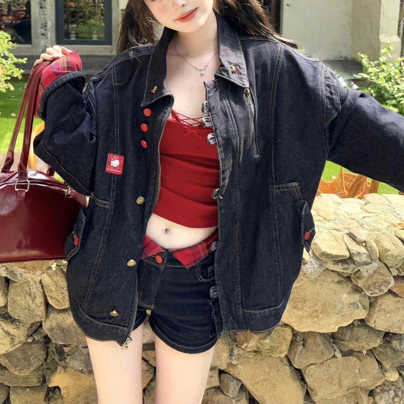 アメリカンレトロアンゴラパッチワークデニムスーツ（レディース春秋用）エレガントヘビーデューティージャケットとスリミングショーツのツーピースセット
