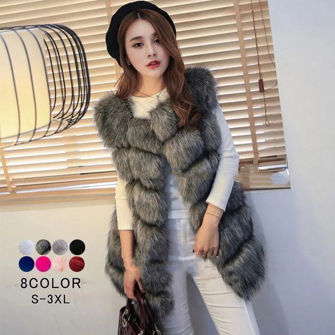 品質いいな新品 ファーベスト レディース ノースリー ボリュームファー ミディアム丈 冬ベスト フォックス風 フェイクファー 毛皮ベスト アウター 冬新作