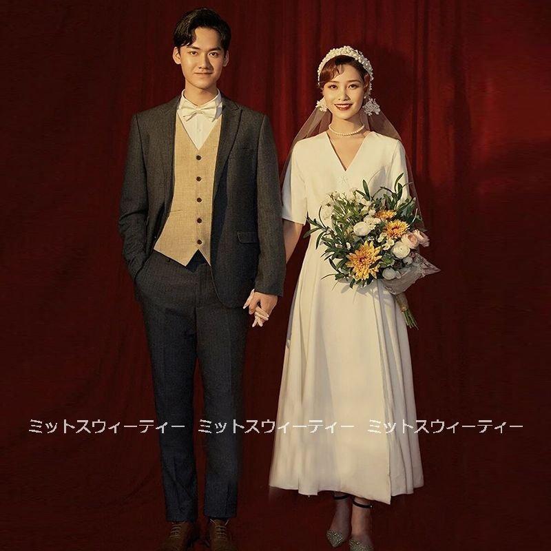 韓国ファッション二次会 演奏会 パーティードレス wedding 結婚式 前撮り ウェディングドレス 披露宴 ウエディングドレス dress aライン ロングドレス Vネック 花嫁 ブライダル