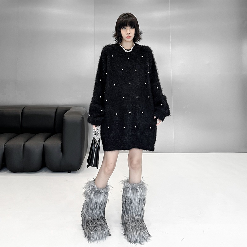 【J.Fashion】 2025秋 ロングニット おしゃれ ショート ニットワンピース ピーズ飾り レディース セーター 関連商品購入可能 メガ割