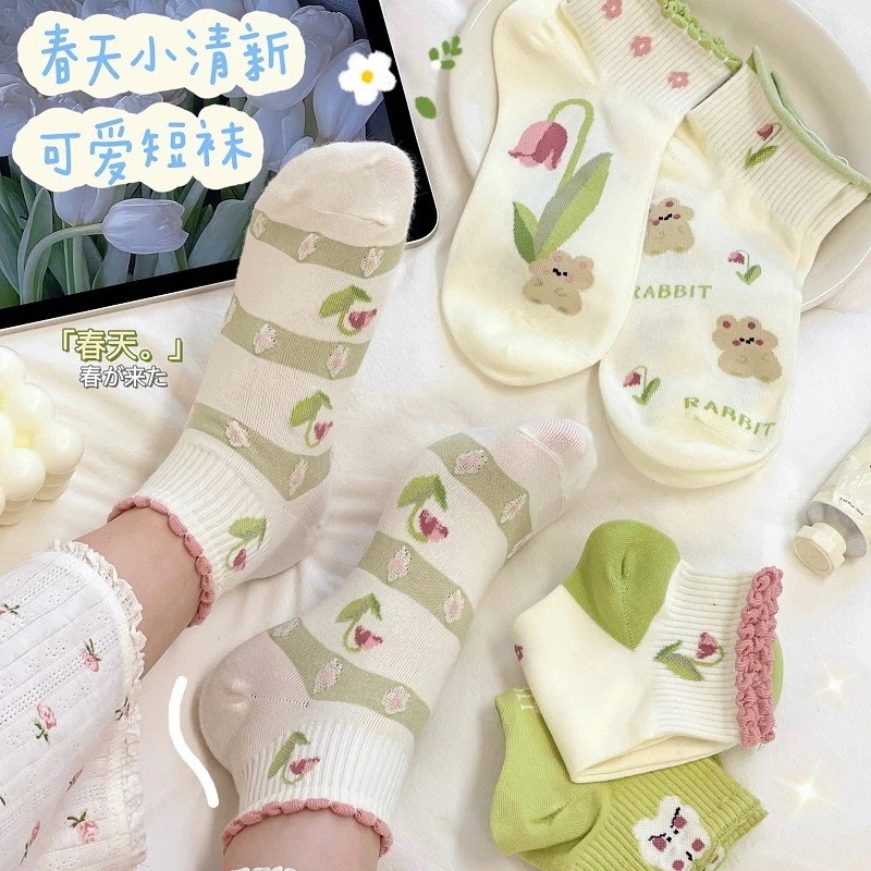 （NEW)春夏の爽やかでシンプルなショートコットンソックス甘い日本の刺繍の花のソックス通気性の良いレースの女性用ソックス