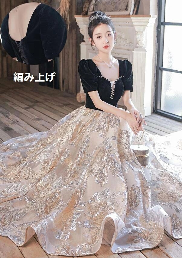 再販未定！半袖 プリンセスライン お嬢様 花嫁の介添え人 Aラインドレス ロングドレス パーティードレス 高級感 ロング丈ワンピース 結婚式 演奏会ドレス 着痩せ ピアノ 発表会 ステージ 衣装 セ