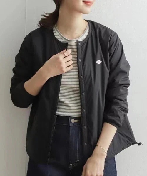 【本日限定】ナイロンストレッチタフタ インサレーション ジャケット ノーカラー 中綿 インナージャケット レディースファッション