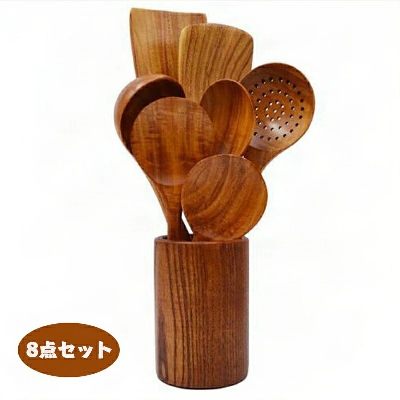 8点セット 木製キッチン用品セット 木製調理器具セット 調理用具セット 木製調理ツールと収納用木製樽 料理用 天然木 キッチンツール 丈夫で環境に優しい安全なキッチン調理スプーン(8点セット)