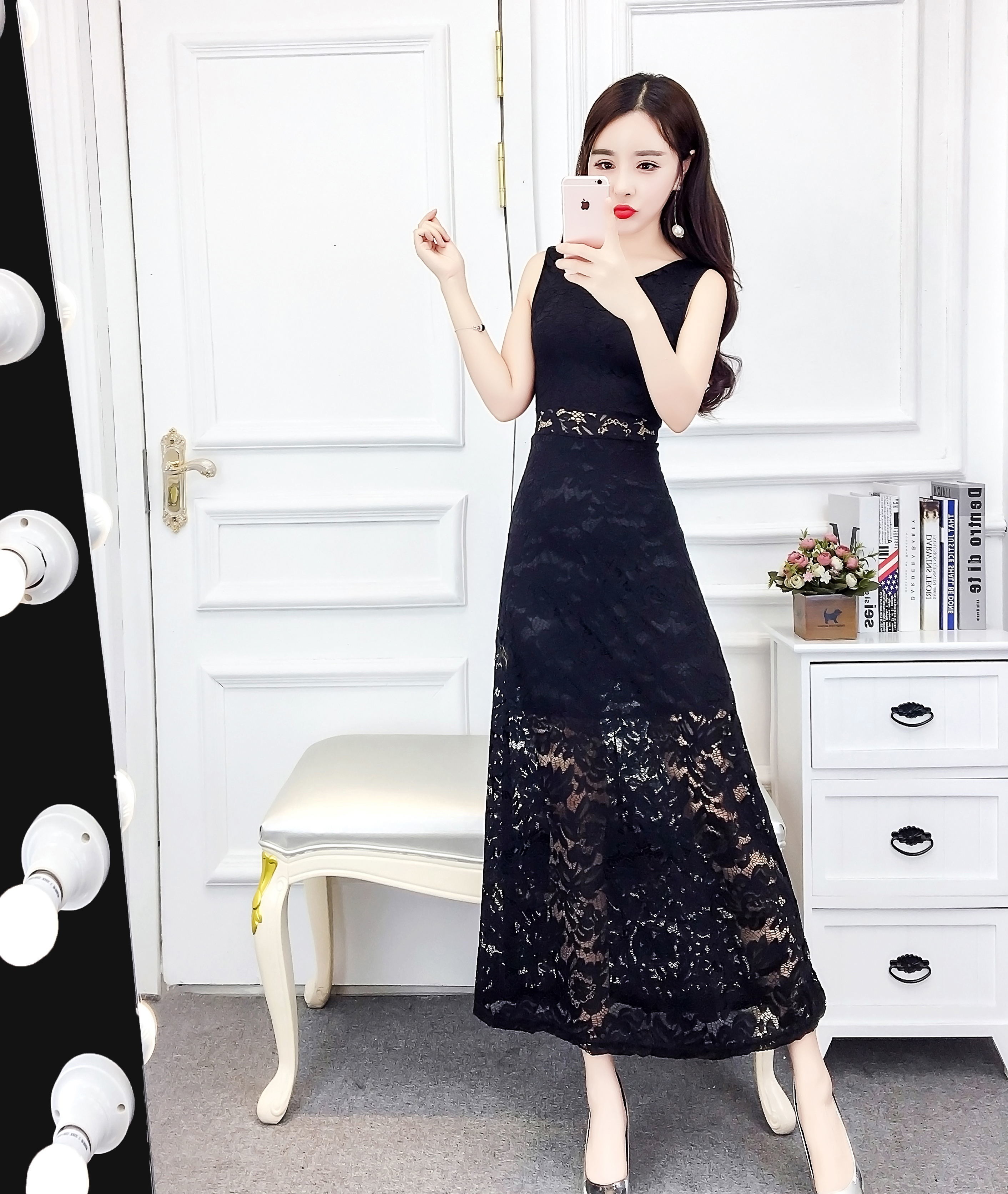 1343.レースマキシワンピース（ブラック）パーティドレス 大人可愛い 女子会 結婚式 花柄 フォーマル 2019 春夏 sale