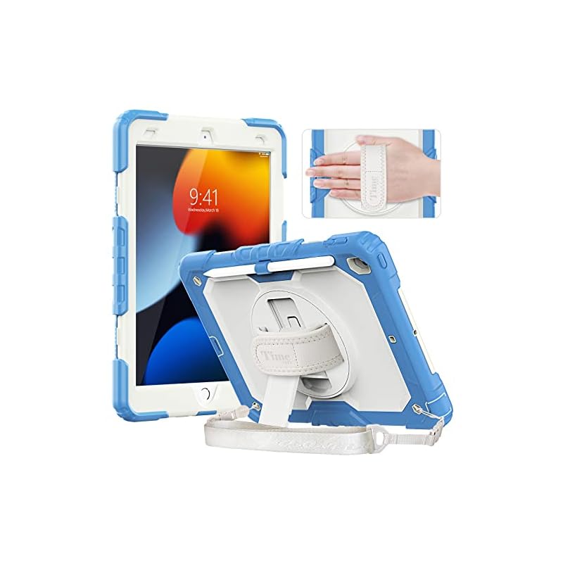 Timecity iPad 9世代/8世代/7世代 ケース 耐衝撃 三層保護 肩掛け 持ち手 保護フィルム 360回転 スタンド ストラップ ペン収納 頑丈 丈夫 多機能 防塵 現場 オートドア 取