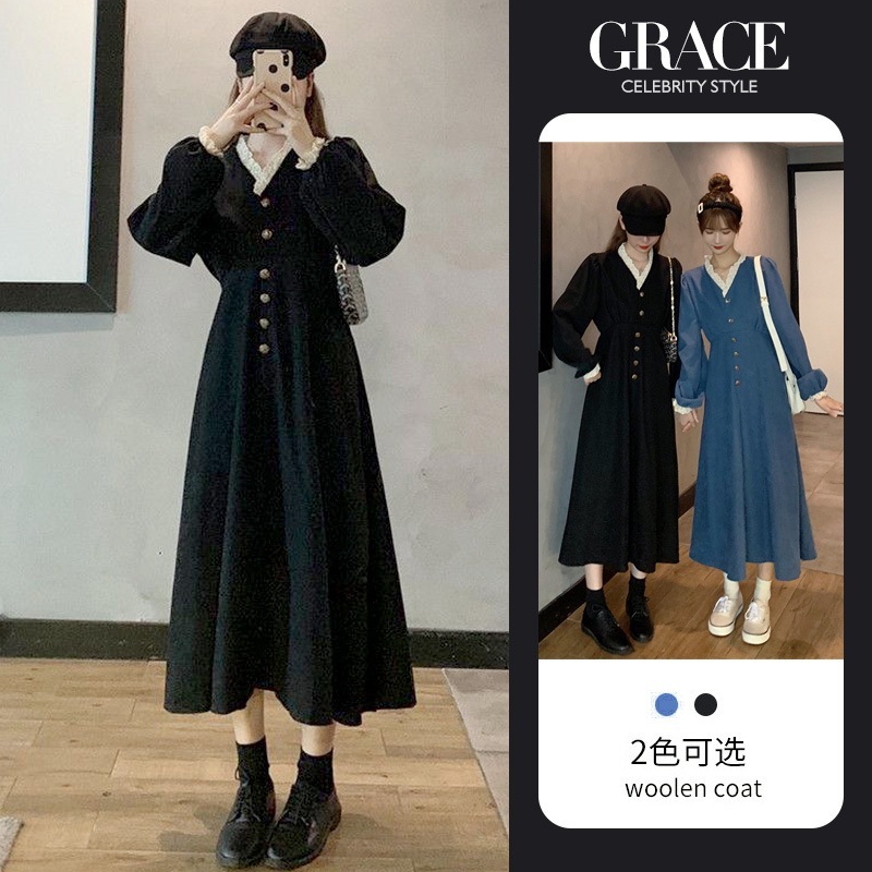 女性のための初秋のドレス2025新しい韓国スタイル秋フレンチレトロスリムvネックスカート長袖キキョウスカート