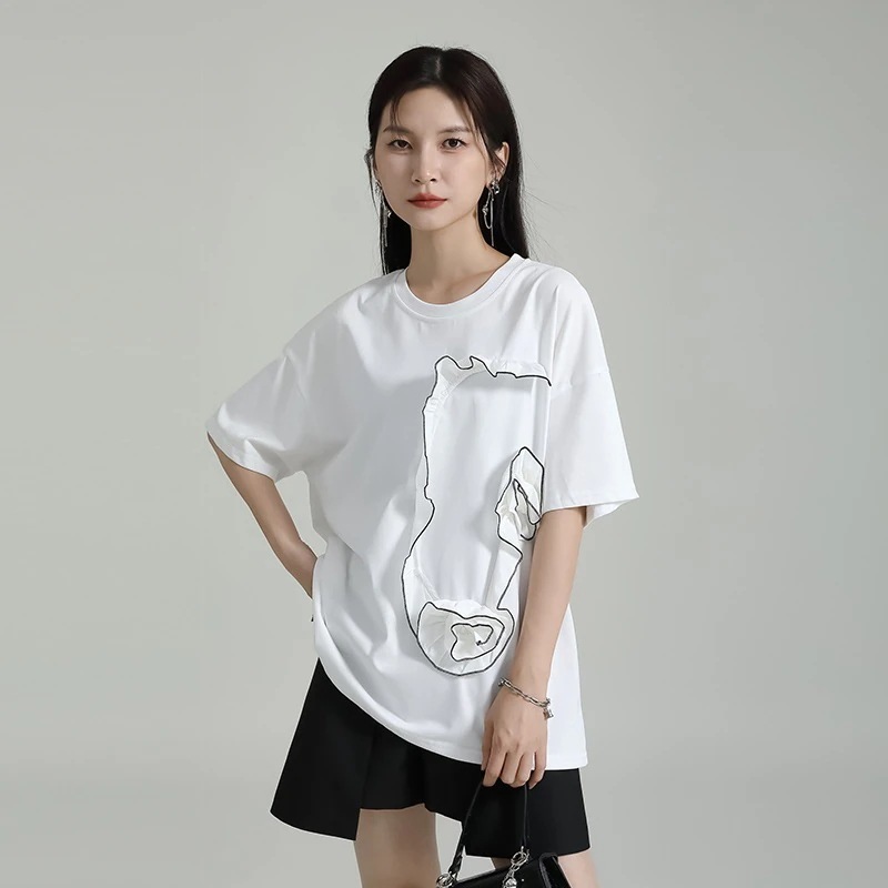 トレンドlive新作ロングTシャツ立体花痩せ半袖tシャツ丸襟短いデザインシャツ夏