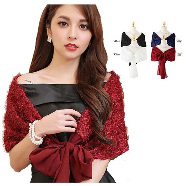 ストール ボレロ 赤 黒 白 即納 ネイビー 結婚式 ラメ フリンジ 上品 パーティー ショール F YJ-33986 大人可愛い デートコーデ