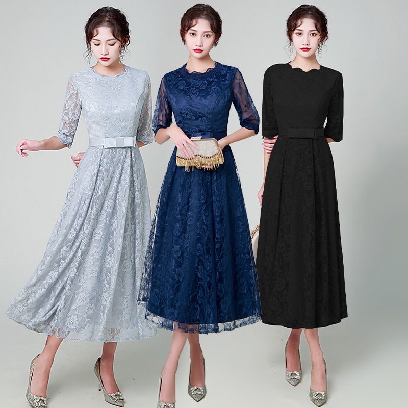 パーティードレス 結婚式 ウエディング ミモレ丈 ワンピース レース 大人 上品 お呼ばれ 食事会 二次会 20代 30代