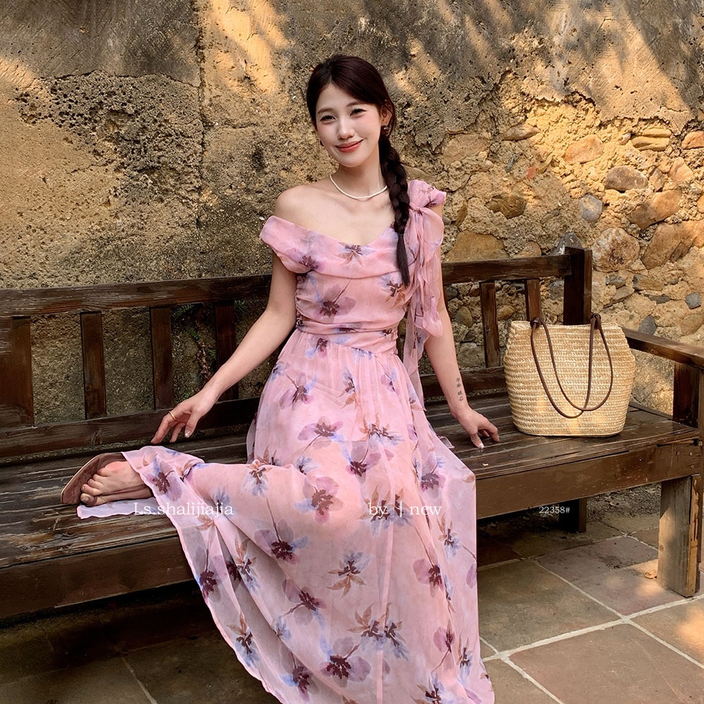 Lsフランスの花の気質についてのことわざ休日スタイル長いスカート2025夏の新しいドレス女性服22358＃