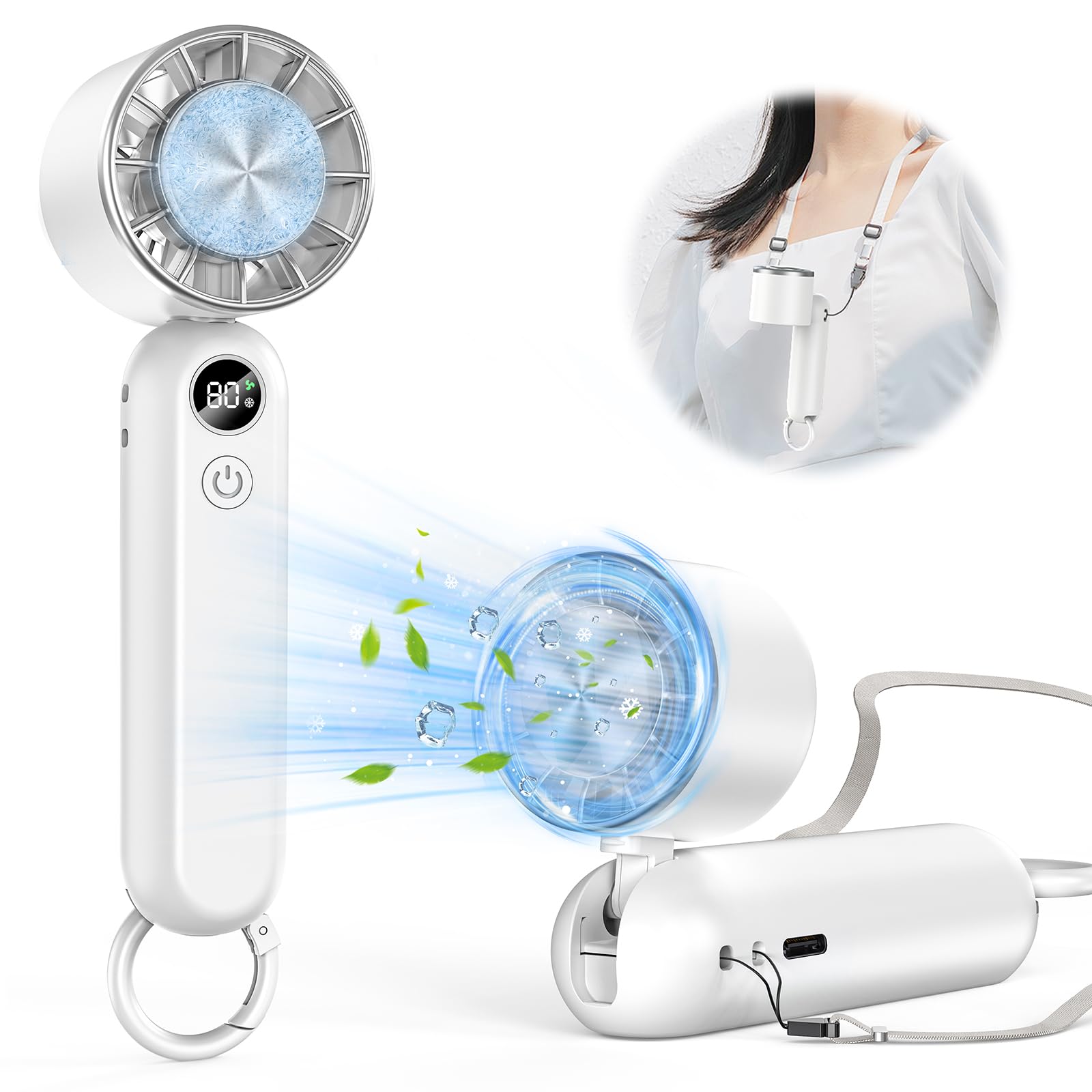 ハンディファン 冷却プレート搭載 携帯扇風機 冷感 手持ち扇風機 3段階風力調節 長時間稼働 ミニファン 熱中症対策 USB充電式 小型 卓上 首掛け ストラップ付き カラビナ付き ホワイト