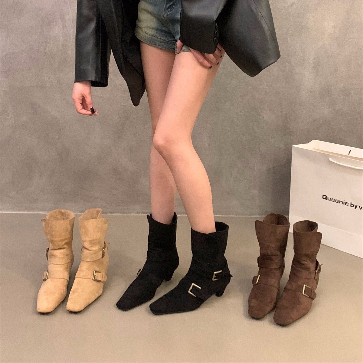 厚いかかとレトロウエスタンデニムブーツスエードマーティンブーツレディースシューズ2024新しい春と秋のシングルブーツ薄い短いブーツ