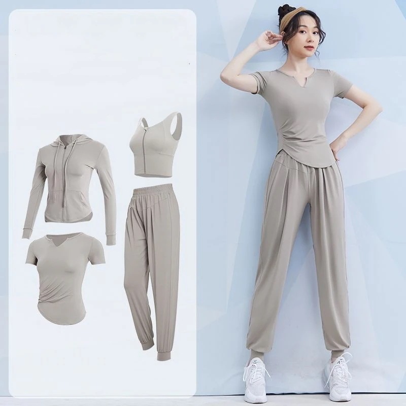 緊急SALE!!!2枚1OO円OFF！ 4点セットヨガウェアセット女性用おしゃれヨガウェア新しいスタイルモーニングランニングスポーツウェアショートスリーブプロフェッショナルピラティストレーニングジムウ