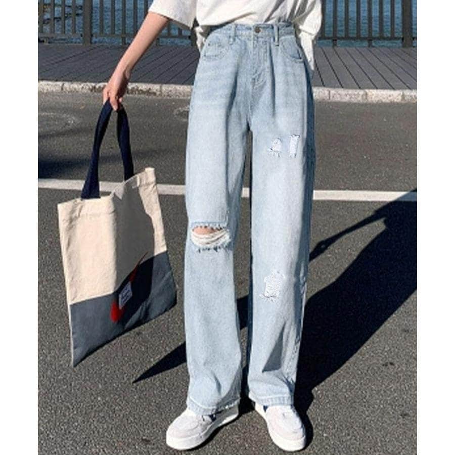 レディースパンツ ワイド デニムパンツ ダメージ脚長