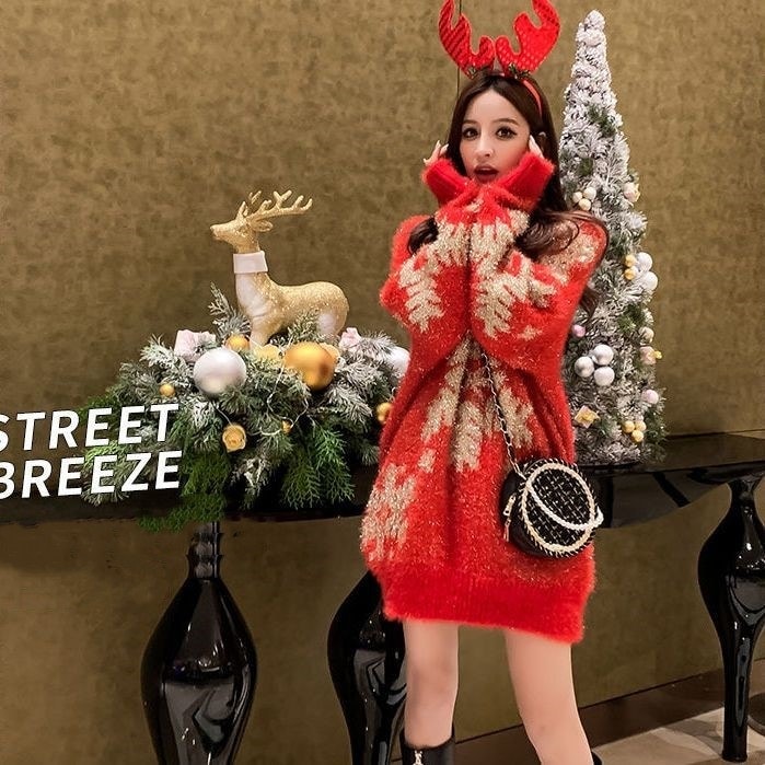 ベーシックニット ニットウェア 秋冬に着たい ベーシック セーター 韓国ファッション セミロング クリスマス ニット セーター レディース トップス 百掛け 高級感 着痩せ 福