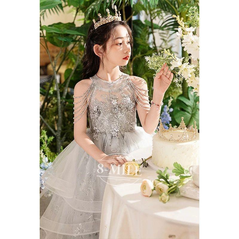 演奏会ドレス ロングドレス キレイめ 素敵 女児ドレス ス 新品/第1弾キャンペーン子供ドレス グレー ピアノ発表会ドレス キラキラドレス 花柄 ホルターネック ビーズ フリンジ