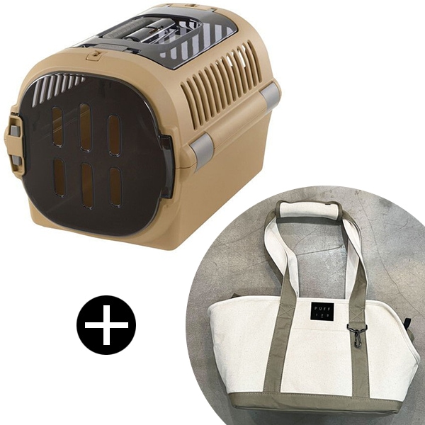 キャンピングキャリーファイン ダブルドア M ブラウン + PUFF pet carry canvas tote L P24004-21 ベージュ ペットキャリー セット