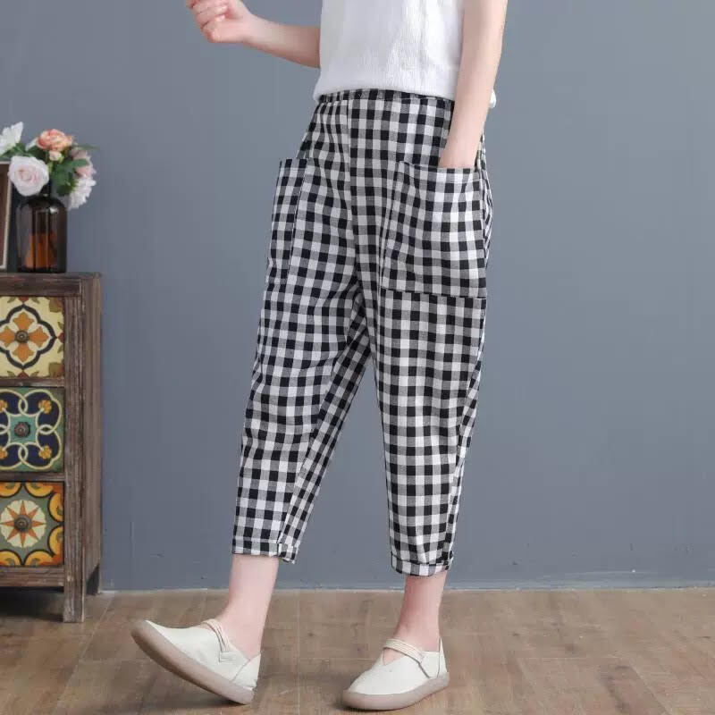 レディース パンツ ワイドパンツ 九分丈 チェック柄 ギンガムチェック ポケット ウエストゴム ハイウエスト ルーズ きれいめ 上品 お洒落 大人可愛い 大人女子 カジュアル フェミニン クール